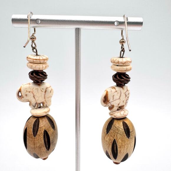 Tribal Native Folk Art Carved Howlite Elephant Nut Chunky Big Statement Earrings - Picture 5 of 12